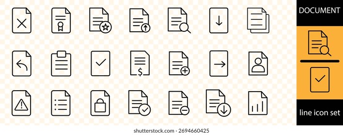 Os ícones da linha do documento definem .features download, archive, document flow, printer, legal document, checklist, folder, cupboard, file progressing