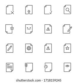 Document line icons set, outline vector symbol collection, linear style pictogram pack. Signs, logo illustration. Set includes icons as download and upload file, archive folder, attach doc, editing