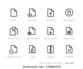 Conjunto de iconos de línea de documento, símbolo de vector de contorno Paquete de pictogramas de edición. La colección incluye iconos como doc, archivo, tabla, bloqueo, archivo comprimido, texto. Señales, ilustración del logotipo