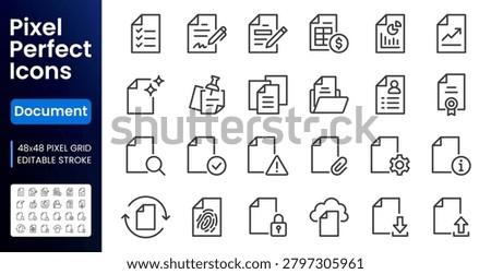 Document line icons set. Paper form, checklist, sign contract, ai note file, manual, invoice, cv record flat minimal vector illustration. Simple outline pictogram. 48x48 Pixel Perfect. Editable Stroke