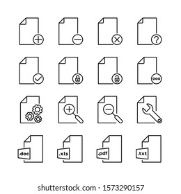 Document line icons set vector illustration. Document, pages, add, min, close, ask, about, checklist, lock document, system, zoom in, zoom out, doc, xls, pdf, txt. Pixel perfect. Editable Stroke