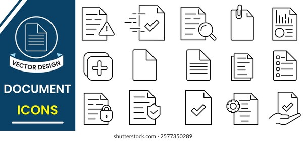 Document line icons, vector set. File, page, form, report, list, checkmark icon design for web, app, logo. Vector illustration.