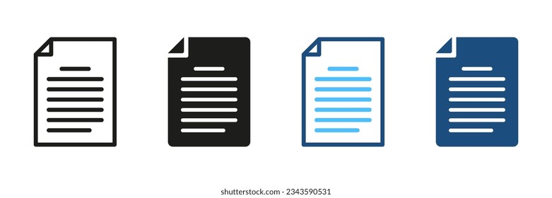 Document Line and Silhouette Icon Set. Form, Paper Page Black and Color Pictogram. Business Contract Symbol Collection. Text Information in File Sign. Data Report. Isolated Vector Illustration.