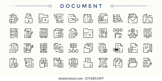 Colección de iconos lineales de documento. Movimiento de Vector editable minimalista. Trazo de Vector editable. Conjunto de iconos de auditoría. Paquete de verificación, inspeccionar, magnificar, finanzas, evaluación, auditoría y más.