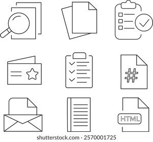 Document linear icons collection, related passport, contract, agreement, ID card, certificate, license, law, justice, accept, approved, much more. Editable Stroke