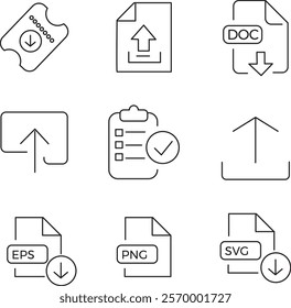 Document linear icons collection, related passport, contract, agreement, ID card, certificate, license, law, justice, accept, approved, much more. Editable Stroke