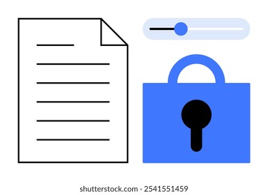 Un documento con líneas, un candado azul con un ojo de cerradura y un control deslizante de Configuraciones. Ideal para ciberseguridad, protección de la privacidad, intercambio seguro de archivos, protección de datos, seguridad digital. Estilo de arte de línea delgada