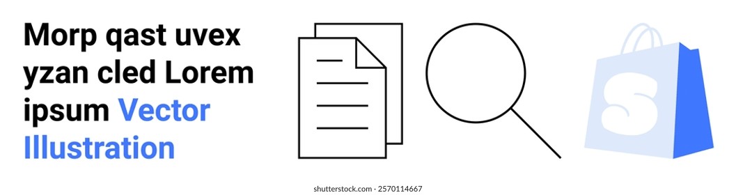 Document with lines, magnifying glass, and shopping bag with letter S. Ideal for document management, research, shopping apps, e-commerce, and online search tools. Landing page
