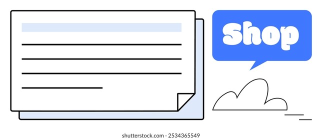 Document with lines on the left. Word Shop in a speech bubble on the right. Simple cloud below. Ideal for online stores, e-commerce, marketing, digital advertising, website design. Minimalist vector