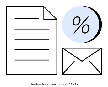 Document with lines, percentage sign in blue circle, and a mail envelope. Ideal for business, finance, communication, marketing, administration, office, education contexts. Line metaphor