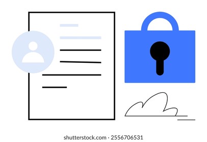 A document with lines and a user icon next to a blue lock. Ideal for privacy, security, data protection, information management, and personal data safety themes. Simple modern style