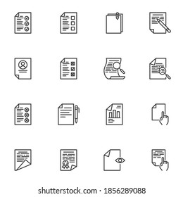 Document list line icons set, outline vector symbol collection, linear style pictogram pack. Signs, logo illustration. Set includes icons checklist with check mark, business graph report, certificate