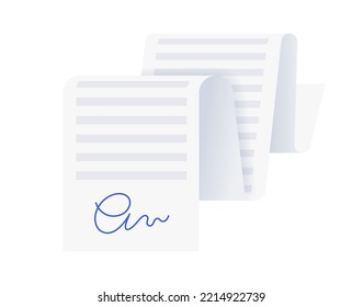 Documentar una larga página de papel, una burla realista del contrato. Acuerdo con la firma. Resumen de impuestos, informe financiero o factura. Informe realista con efecto en la sombra. Ilustración vectorial plana de concepto de papel