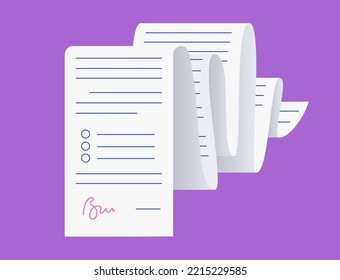 Document long paper page, realistic contract mockup. Agreement with signature. Tax summary, financial report or invoice. Realistic report with shadow effect. Paperwork concept flat vector illustration