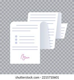 Document long paper page, realistic contract mockup. Agreement with signature. Tax summary, financial report or invoice. Realistic report with shadow effect. Paperwork concept flat vector illustration