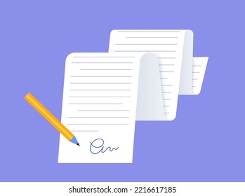 Document long paper page, realistic contract mockup. Agreement with signature. Tax summary, financial report or invoice. Realistic report with shadow effect. Paperwork concept flat vector illustration