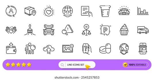 Document, Love and Parking line icons for web app. Pack of Medical drugs, Search people, Hold heart pictogram icons. Brush, Remove image, Cooking beaker signs. Cupcake, Histogram, Marketplace. Vector