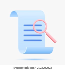 Document with magnifier 3d vector icon. Isolated on white.