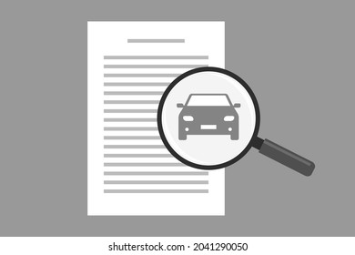 Document and magnifier with car icon above it. Concept of vehicle business, auto purchasing, selling, leasing and insurance