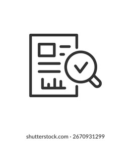 Documento com lupa e marca de seleção, ícone linear. Aprovação e auditoria de relatórios. Linha com traçado editável.