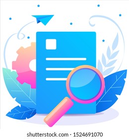 Document with magnifier glass. Search information. Analitycs. Vector concept for your site or presentation.
