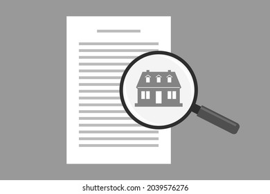 Document And Magnifier With House Icon Above It. Concept Of Real Estate Business, Realty Purchasing, Selling, Leasing And Insurance