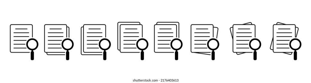 Document with magnifier loupe business concept. File search icon, document search, vector isolated.
