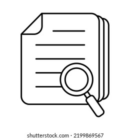Documento con el icono de la línea delgada de la lupa de aumento, concepto de negocio. Icono de búsqueda de archivos, búsqueda de documentos, vector aislado.