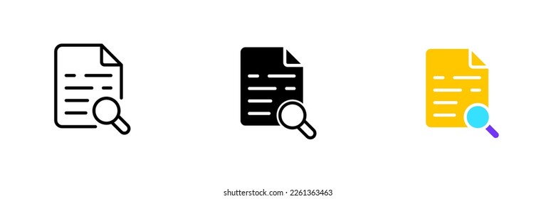 Documento con amplificador. Vidrio de ampliación, gestión de archivos, investigación, CV, currículum, solicitar un trabajo, documentación. Icono de conjunto de vectores en línea, estilos negros y coloridos aislados en fondo blanco