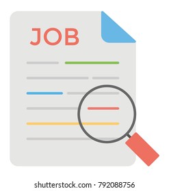 A document with a magnifier on it symbolising job search, flat icon
