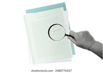 Document magnifier. Search, check, research. Female hand holding a loupe, viewing a report, checklist, checking a task. Study of the law, data audit, review. View through a magnifying glass. Vector.