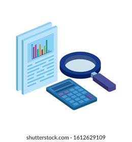 document with magnifying glass and calculator vector illustration design