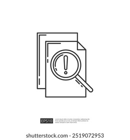 Document with magnifying glass and exclamation point icon. Concept of search, document, alert, notice, warning, important, find, notification
