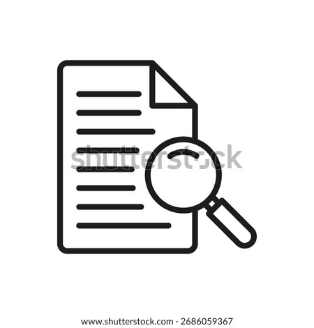 Document with magnifying glass icon representing file search, case study, research, and inspection, suitable for data analysis, auditing, office management, and digital investigation projects