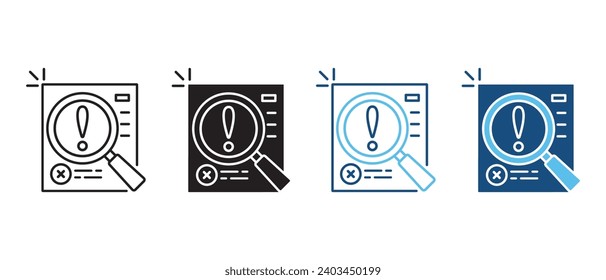 Document with Magnifying Glass Line and Silhouette Icon Set. concept of important tax statistics symbol or business procedure sign.