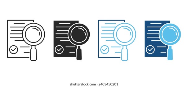 Document with Magnifying Glass Line and Silhouette Icon Set. Study and Research Symbol Collection. Contract Case Black and Color Pictogram. Application Form, Data Report. Isolated Vector Illustration.