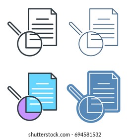 The document with magnifying glass outline icon set. Office supply line symbols. The examination linear pictograms. Vector thin contour infographic elements. Illustrations for web, presentations.