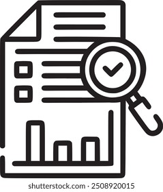 Document with magnifying glass, representing data analysis or document review. Document with magnifying glass icon representing data analysis, document review, and detailed examination. EPS