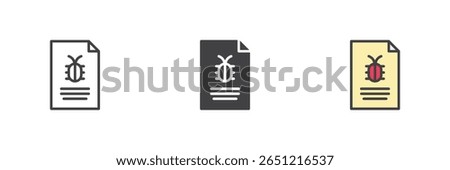 Document with malware bug icon set in line, solid and filled outline style. Infected file symbol. Dangerous download or cyber threat icon pack.
