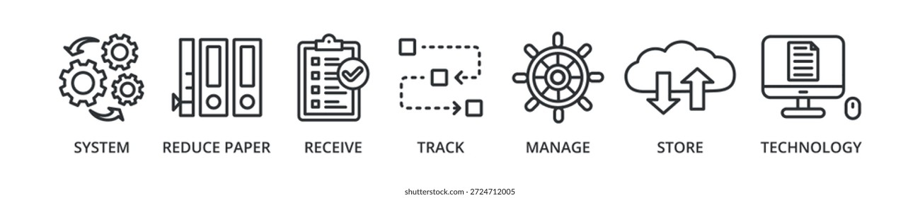 Ícone de banner de gerenciamento de documentos com sistema, reduzir papel, receber, controlar, gerenciar, armazenar, tecnologia