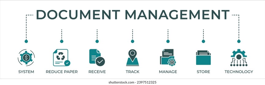 Web-Icon-Vektorgrafik-Konzept für Dokumentenmanagement mit dem Symbol des Systems, reduzieren Sie Papier, empfangen, verfolgen, verwalten, speichern, Cloud und Technologie.