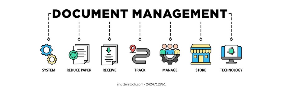 Document management banner web icon set vector illustration concept with icon of system, reduce paper, receive, track, manage, store, cloud and technology
