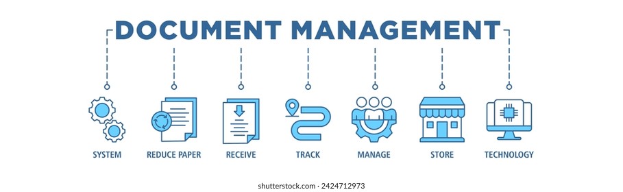 Document management banner web icon set vector illustration concept with icon of system, reduce paper, receive, track, manage, store, cloud and technology