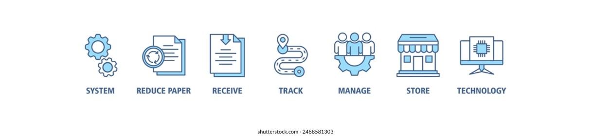 Icono de Web de gestión de documentos concepto de Ilustración vectorial de conjunto de iconos de Anuncio con icono de sistema, reducir el papel, recibir, pista, administrar, almacenar, nube y tecnología