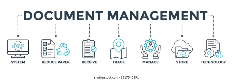 Banner de gerenciamento de documentos ícone da Web vetor ilustração conceito com ícone do sistema, reduzir papel, receber, controlar, gerenciar, armazenar, nuvem, tecnologia 
