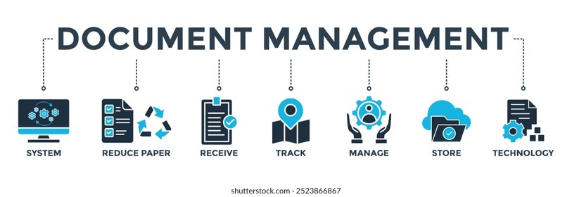 Dokumentenmanagement-Banner Web-Symbol Vektorgrafik-Konzept mit Symbol des Systems, reduzieren Papier, erhalten, verfolgen, verwalten, speichern, Cloud, Technologie 
