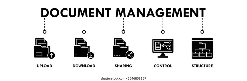Conceito de ilustração de ícone da Web de banner do Gerenciamento de documentos com ícone de carregamento, download, compartilhamento, controle e estrutura