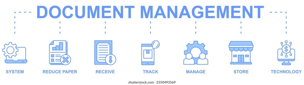 Banner de gerenciamento de documentos ícone da Web ilustração conceito com ícone do sistema, reduzir papel, receber, controlar, gerenciar, armazenar, nuvem e tecnologia