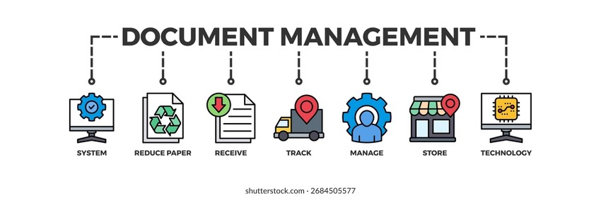 Banner de gerenciamento de documentos ícone da Web ilustração conceito com ícone do sistema, reduzir papel, receber, controlar, gerenciar, armazenar, nuvem e tecnologia