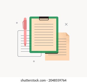Concepto de gestión de documentos. Portapapeles, pluma y pila de hojas de papel. Contrato de firma, contrato. Papel, informe de negocios. Ilustración vectorial plana aislada